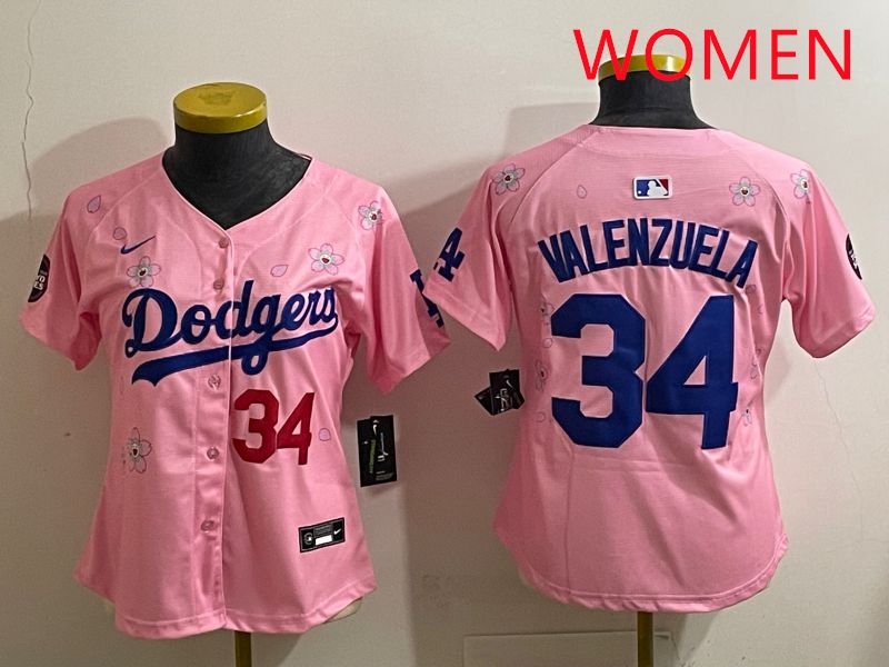 Women Los Angeles Dodgers #34 Valenzuela Pink Sakura Edition 2025 Nike MLB Jersey style 34